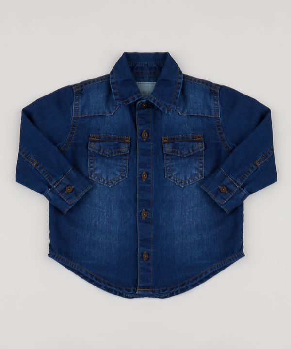 Camisa Jeans Infantil com Bolsos Azul Escuro 4