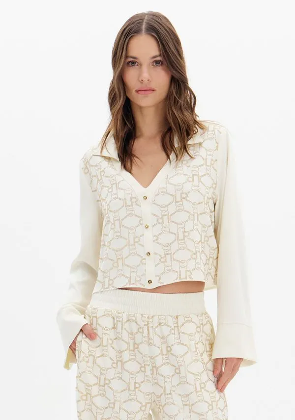Camisa Curta Manga Longa Decote V Brilhos Branco P