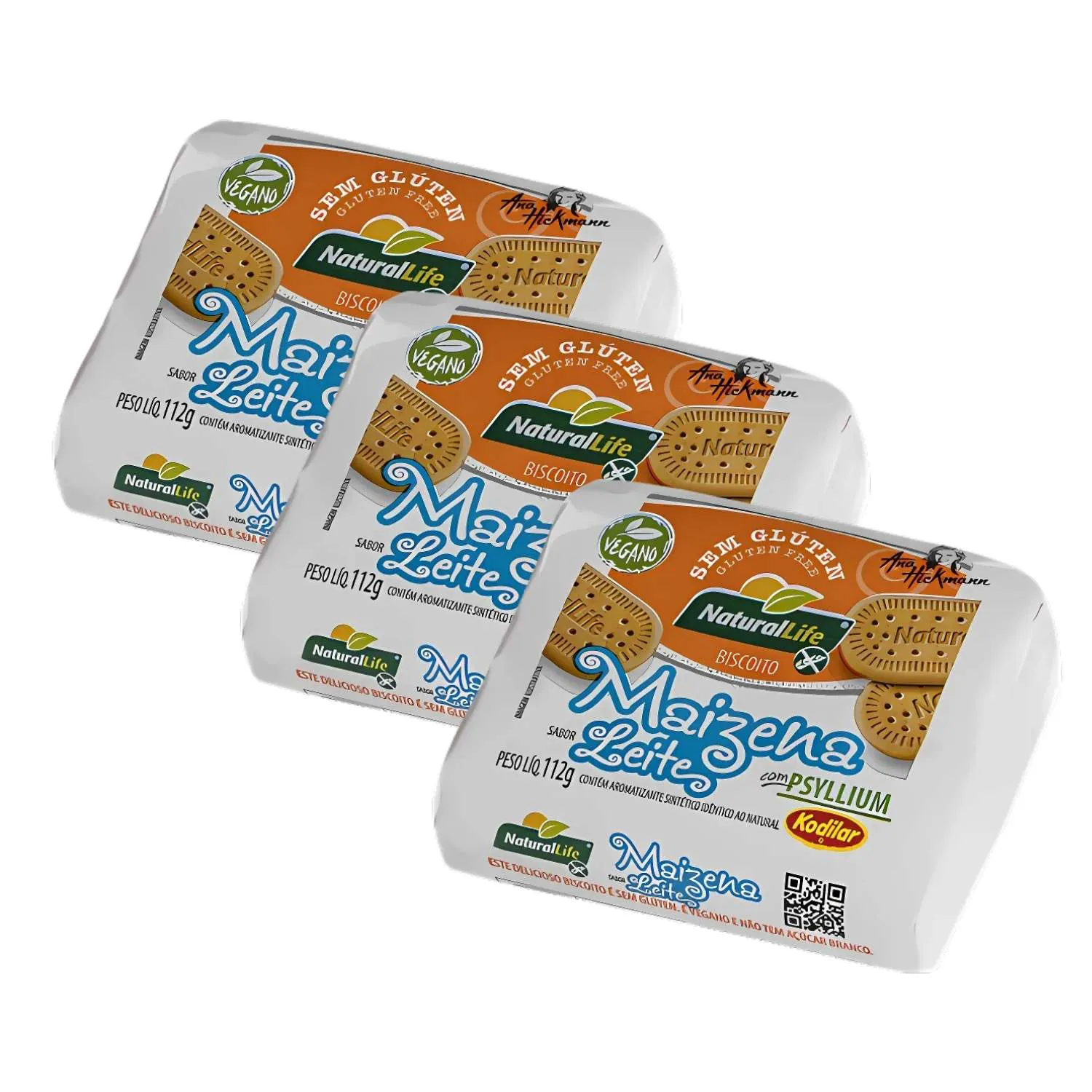 Kit Biscoito Sem Glúten Maizena Leite Com Psyllium Natural Life - 3 Unidades 112g