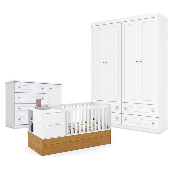 Quarto De Bebê Americano 4 Portas Com Berço Americano Multifuncional Formare Branco Freijó - Matic - Henn