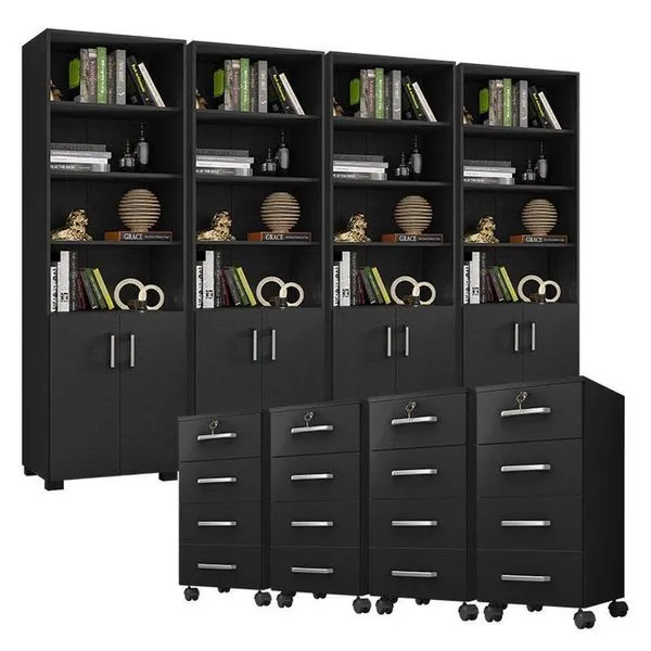Kit 4 Gaveteiros Para Escritório Gávea Com Chave E 4 Livreiros Office Portas Pequenas Preto Fosco - Móveis Leão