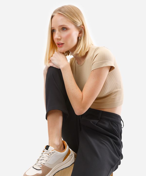 cropped básico feminino de poliamida canelado bege M