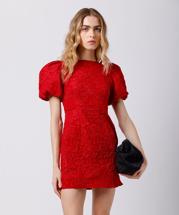 vestido curto feminino de jacquard manga bufante floral mindset vermelho PP