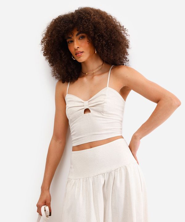 cropped feminino com linho decote coração bege GG