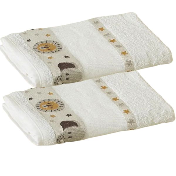Kit ( 2 ) Toalha de Banho KazzaVip Infantil 100% Algodão Jacquard Barra para Bordar Funny Branco Off-White