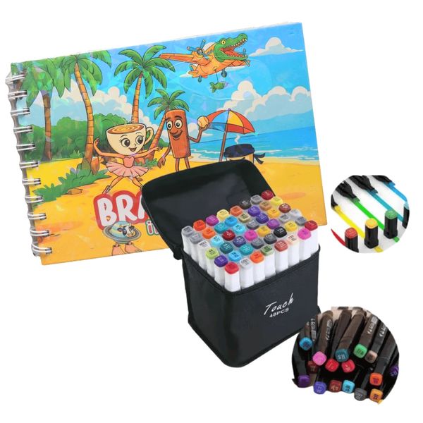 Kit Completo Canetinhas Touch 40 Cores Estojo para Colorir + Caderno para pintar