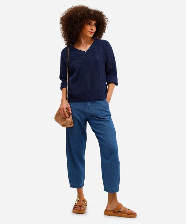 calça cenoura feminina jeans cós elástico azul 34