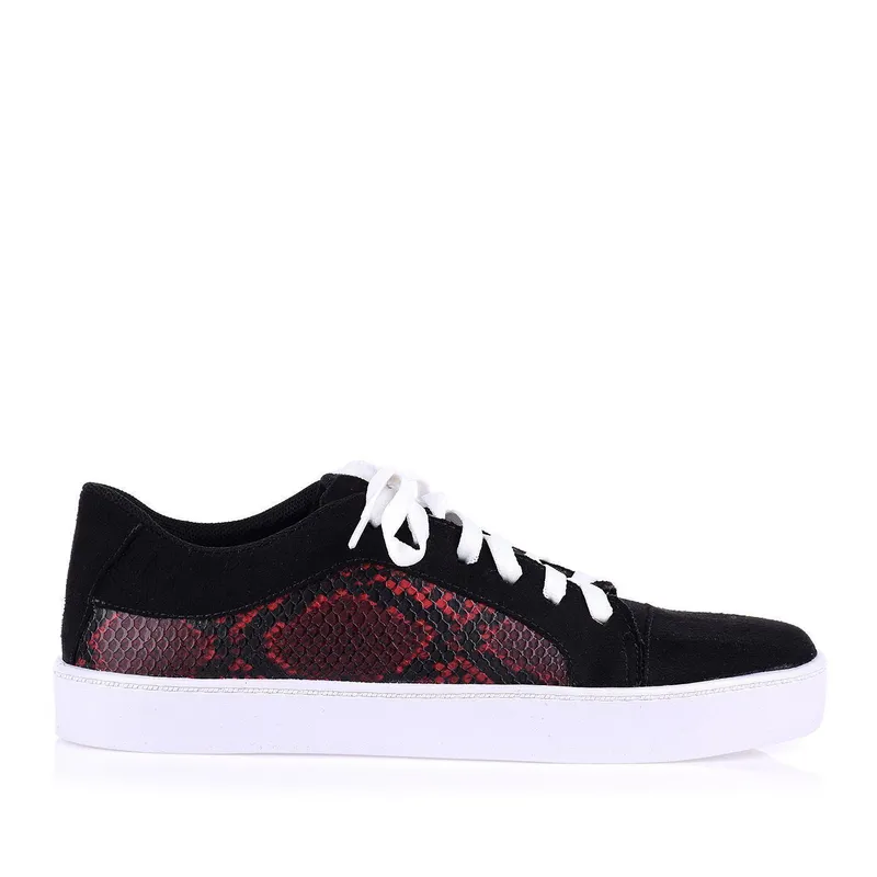 Tênis Cadarço Baixo Camurça Preto/Snake Vermelho