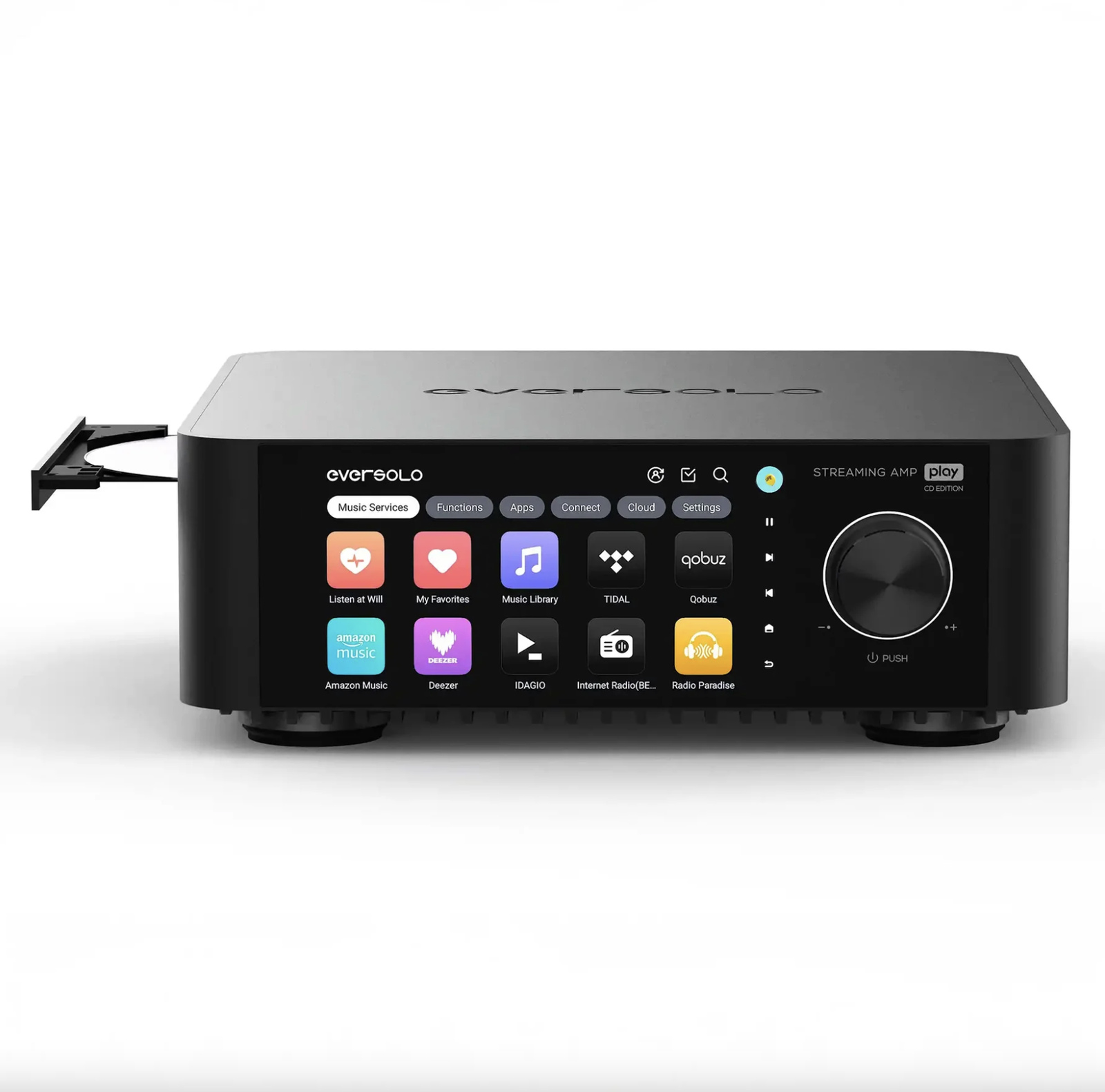 Eversolo Play CD Edition, Streamer de música com DAC e amplificador 60 W × 2 canais ( 8 Ohms ) / 110 W × 2 canais ( 4 Ohms )