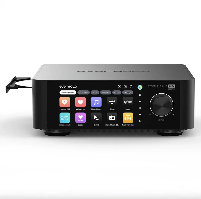 Eversolo Play CD Edition, Streamer de música com DAC e amplificador 60 W × 2 canais ( 8 Ohms ) / 110 W × 2 canais ( 4 Ohms )
