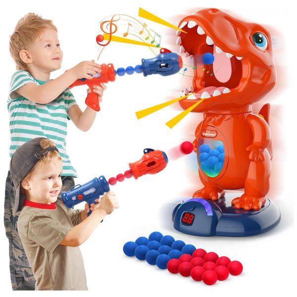 EagleStone Jogo de Tiro com Dinossauro Móvel para Crianças – 2 Armas de Bomba de Ar, 48 Bolinhas de Espuma, Alvo Eletrônico com LED e Som Realista