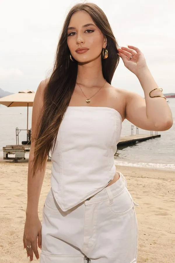 Top Jeans Sem Alça Planet Girls Branco 44