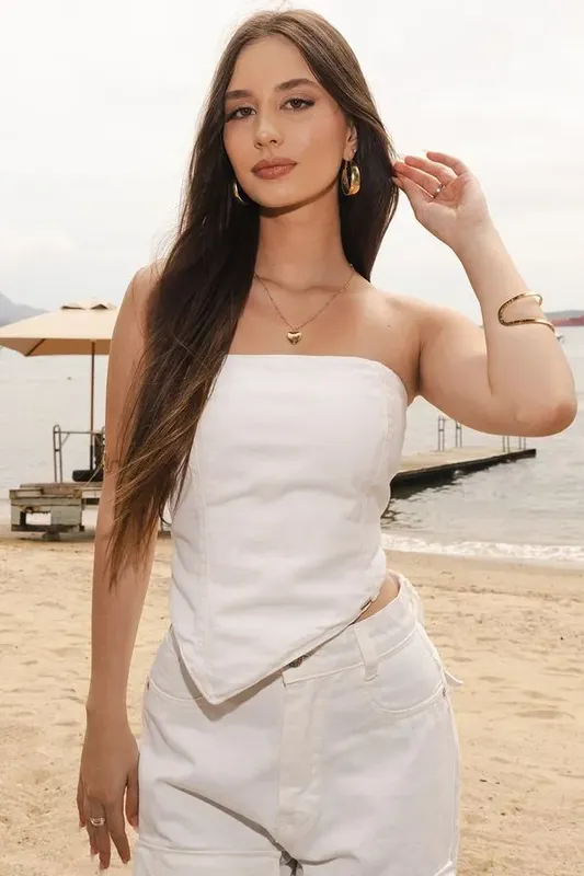 Top Jeans Sem Alça Planet Girls Branco 44