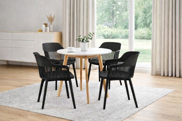 Mesa de Jantar Leda Branca 90cm + 4 Cadeiras Marcela Preta