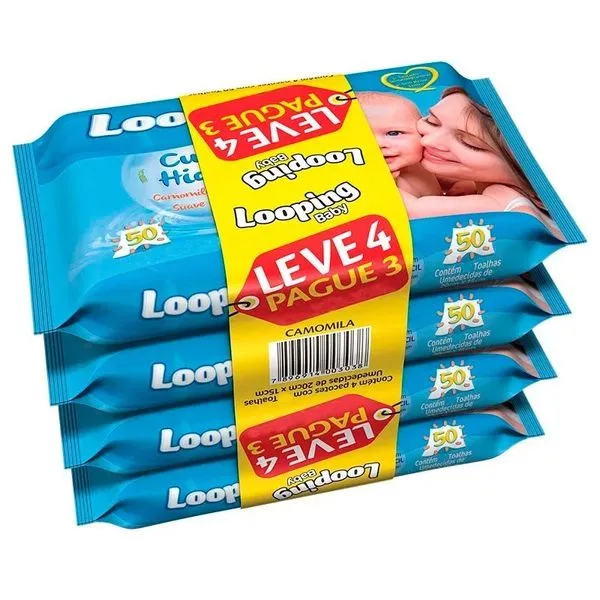 Kit Toalhas Umedecidas Looping Camomila 192 Unidades Leve 4 Pague 3