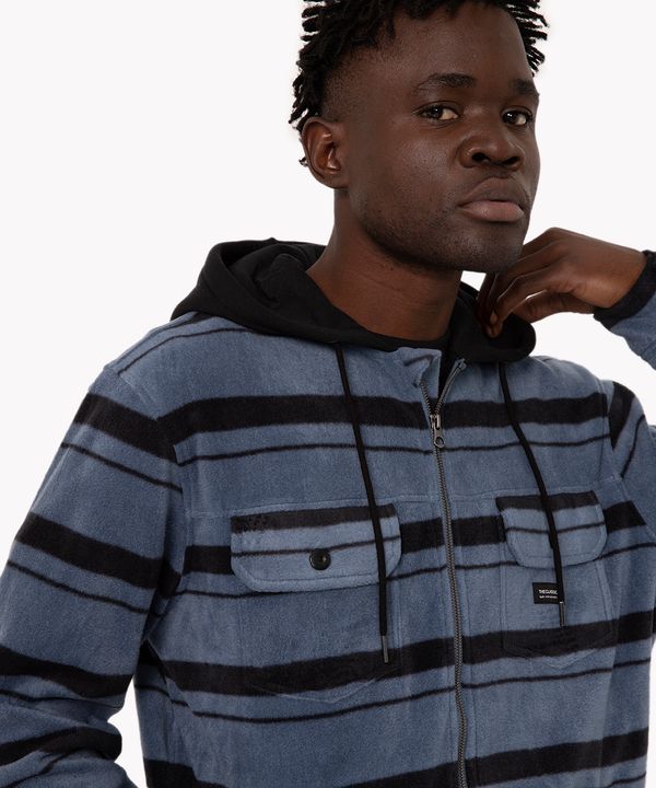 camisa flanelada listrada com capuz manga longa azul P