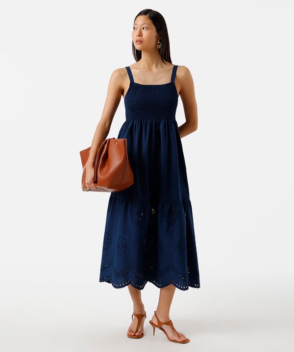 vestido midi alça fina feminino de algodão com recorte bordado azul PP