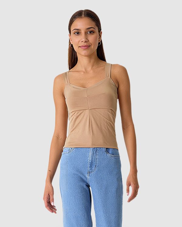 Regata Feminina Decote V Alça Larga Em Viscose Stretch Marrom - M