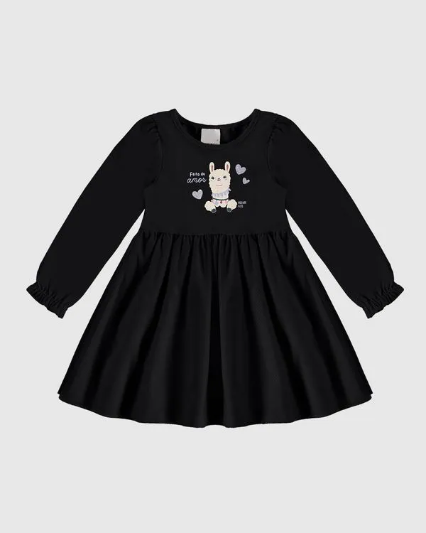 Vestido Infantil Rodado Manga Longa Em Algodão E Tule Malwee Kids Preto - 3