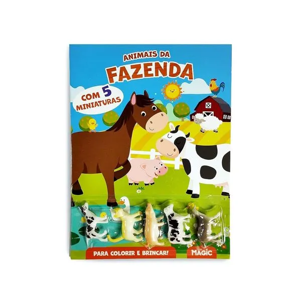 Livro Infantil Animais Da Fazenda Com 5 Miniaturas