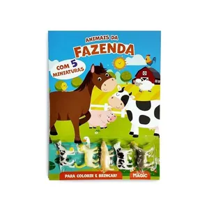 Livro Infantil Animais Da Fazenda Com 5 Miniaturas