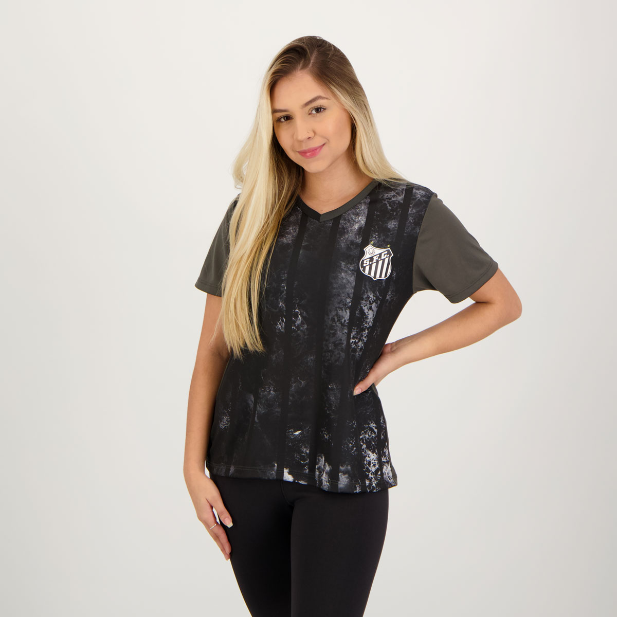 Camisa Santos Chess Feminina Cinza e Preta