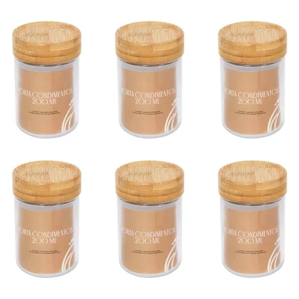 Jogo de 6 Potes de vidro para Condimento com tampa de Bambu - 200 ml