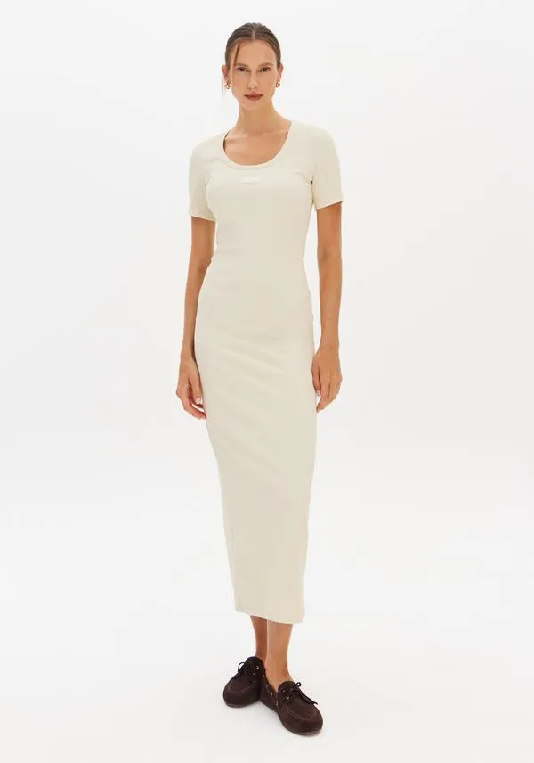 Vestido Canelado Super Midi Manga Curta Bege M
