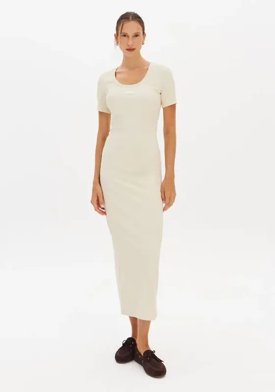 Vestido Canelado Super Midi Manga Curta Bege M