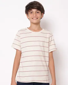 Camiseta Juvenil Algodão Listrada Manga Curta Bege 16