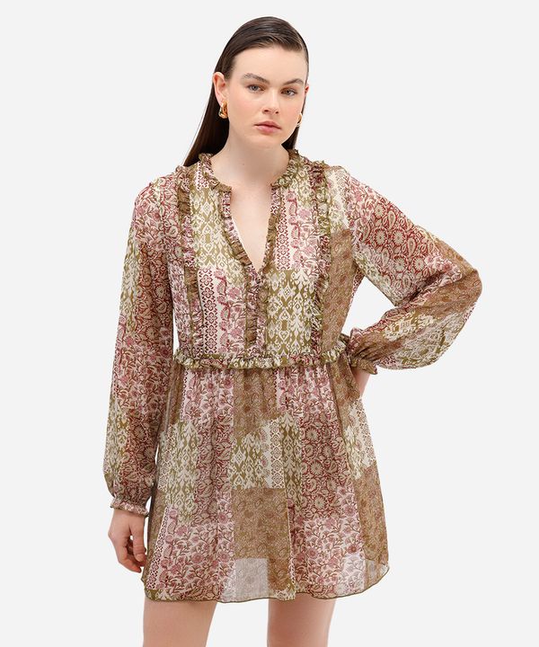 vestido curto texturizado floral com babados bege PP