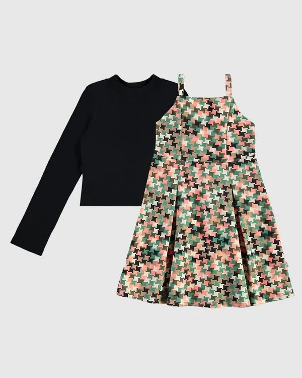 Conjunto Infantil Menina Blusa E Vestido Estampado Pied De Poule Malwee Kids Cinza - 4