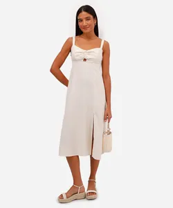 vestido midi feminino com linho e recorte bege M