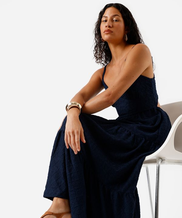 vestido midi alça fina feminino de laise com recortes azul PP