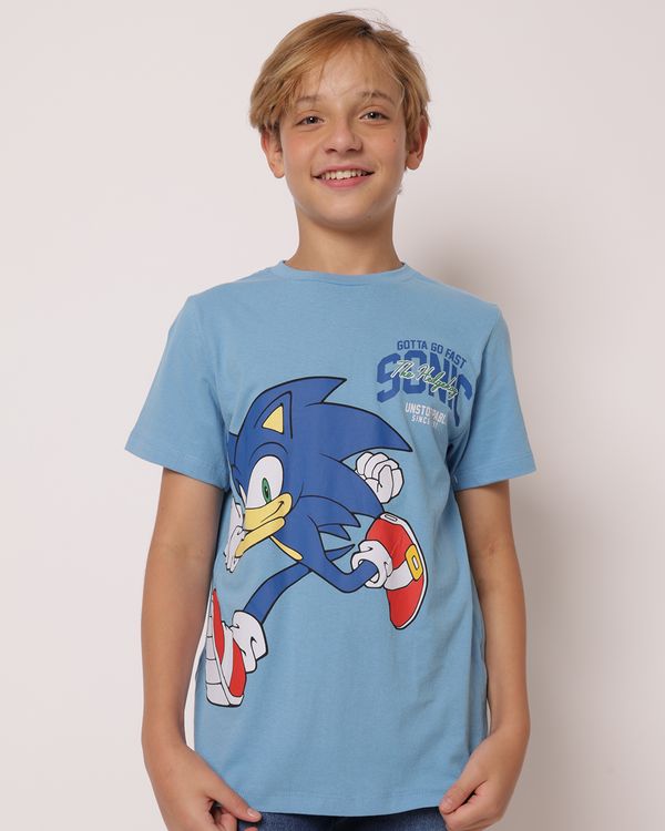 Camiseta Juvenil Algodão Sonic Manga Curta Azul 16