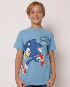 Camiseta Juvenil Algodão Sonic Manga Curta Azul 12
