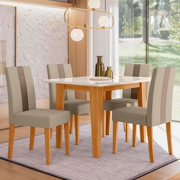 Mesa de Jantar Retangular Poliman Belle com Tampo de Vidro e 4 Cadeiras Revestidas em Suede Freijó/Marfim
