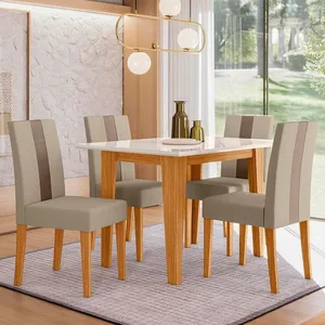Mesa de Jantar Retangular Poliman Belle com Tampo de Vidro e 4 Cadeiras Revestidas em Suede Freijó/Marfim