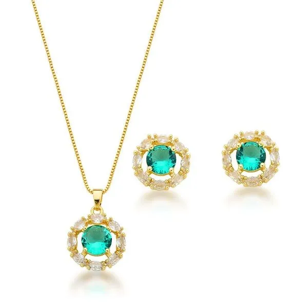 Conjunto Colar e Brincos Com Zirconia Verde Clara Banhada A Ouro 18k 45cm