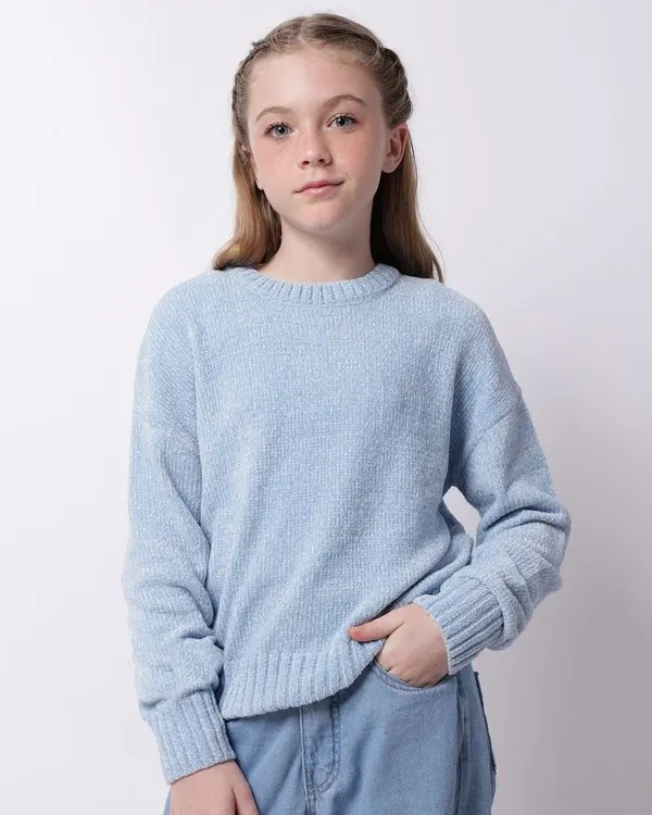 Suéter Juvenil Cropped Tricô Chenille Luréx Azul 12