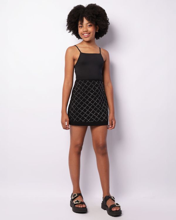 Saia Juvenil Curta Tricoline Com Strass Preta 12