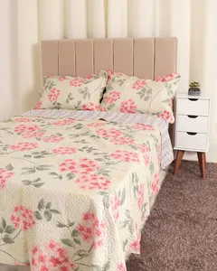 Kit Colcha Queen 3 Peças Estampa Floral Plumagem Bege UN