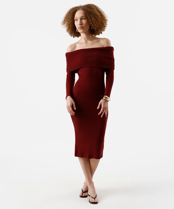 vestido ombro a ombro feminino de tricot canelado vinho PP