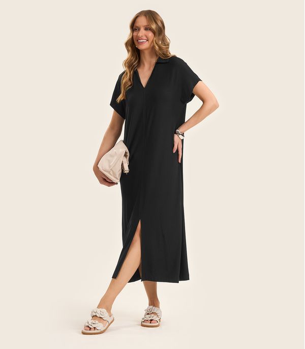 Vestido Midi em Visco Creponada Rovitex Preto P