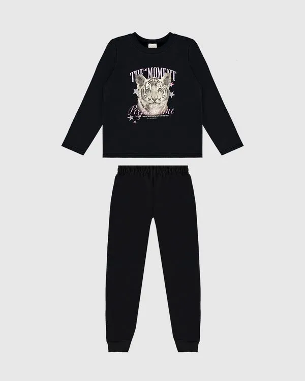 Conjunto Longo Infantil Menina Perfect Time Em Moletom Flanelado Malwee Kids Preto - 12