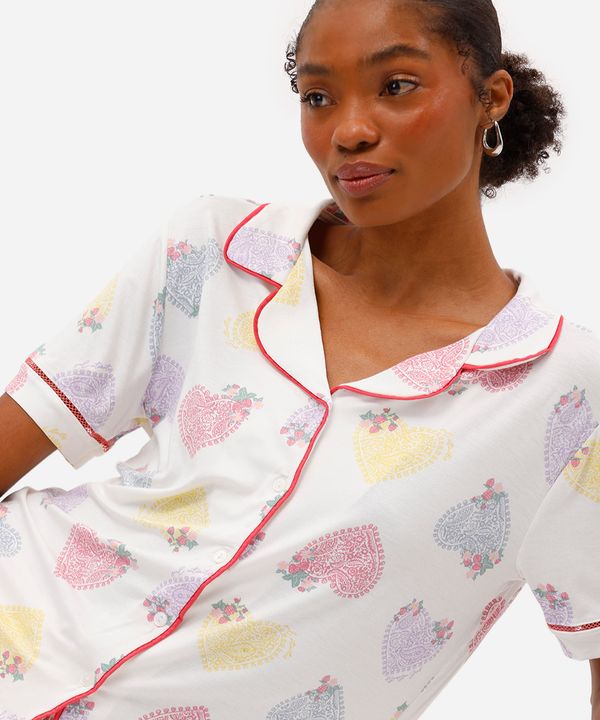 pijama americano curto feminino de viscose corações off white M
