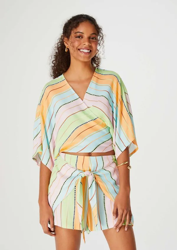 Blusa Cropped Feminina Estampada Com Transpasse - Laranja XG