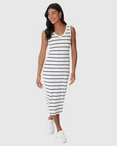 Vestido Midi Feminino Decote V Listrado Em Ribana Off White - G