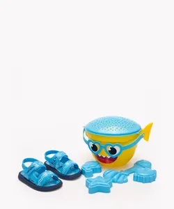 sandália infantil baby shark com balde de praia grendene azul 17-18
