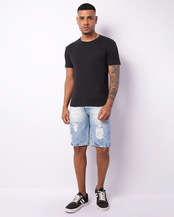 Bermuda Jeans Masculina Reta Destroyed Estonada Azul 36